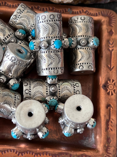 Handmade Stamped Sterling Silver & Turquoise Cylinder Beads, The Beacon