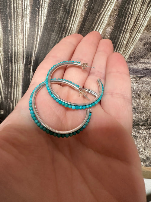 Handmade Turquoise and Sterling Silver Beaded Hoop Earrings