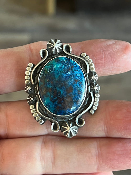Apache Sterling Silver and Chrysocolla Azurite Ring by Rosella Paxson, Size 7