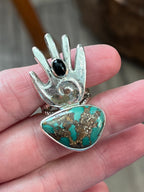 Handcrafted Sterling Silver, Turquoise and Black Onyx Hand Ring by Jay Coriz, Size 8