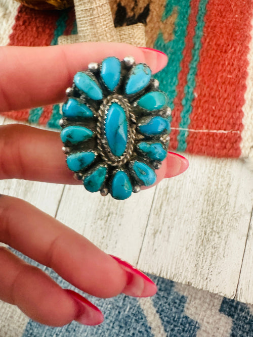 Old Pawn Navajo Sterling Silver & Kingman Turquoise Cluster Ring Size 9.5