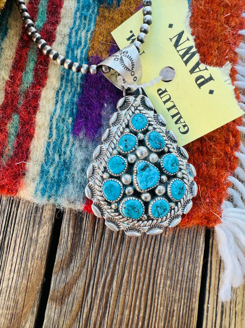 Old Pawn Handcrafted Turquoise and Sterling Silver Cluster Pendant