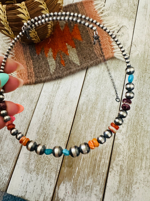 Navajo Spiny, Turquoise & Sterling Silver Beaded Wrap Choker Necklace