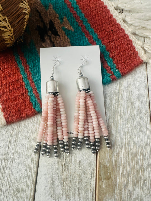 Navajo Queen Pink Conch & Sterling Silver Pearl Beaded Tassel Dangle Earrings