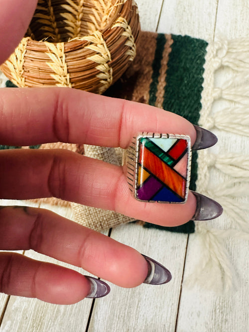 Old Pawn Handcrafted Multi Stone & Sterling Silver Inlay Ring Size 9