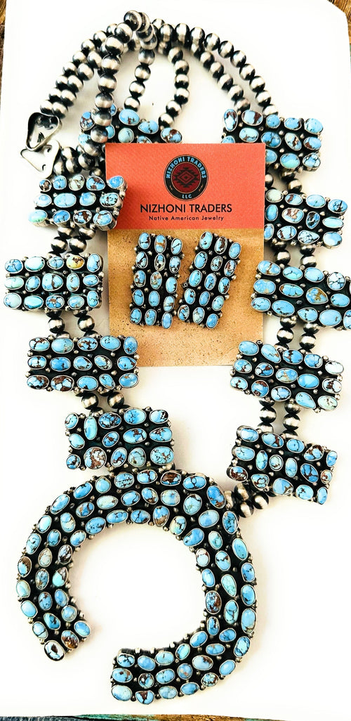 Navajo Golden Hills Turquoise & Sterling Silver Squash Blossom Necklace Set by B. Yellowhorse
