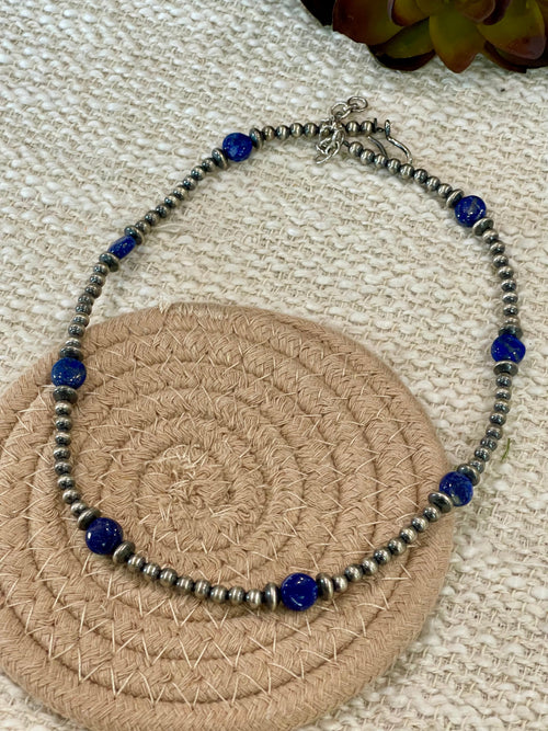 ** 4TH OF JULY ** Handmade Sterling Silver & Lapis Beaded Necklace with Signed Nizhoni