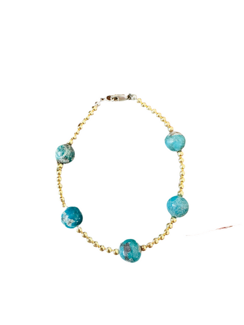 Handcrafted Gold Plated Sterling Silver Pearl & Turquoise Beaded Bracelet