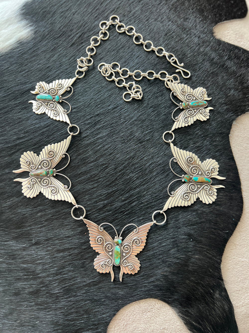 Lee Charley Handcrafted Sterling Silver and Turquoise Butterfly Lover’s Link Necklace, Belt or Hat Adornment