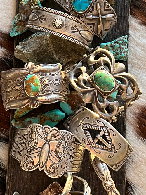 Handcrafted & Hand Forged Old Pawn Sterling Silver Ingot Turquoise Cuff Bracelet by Santa Fe Artist, Buffalo: The Royston