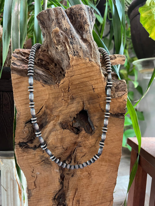 Old Pawn Sterling Silver Navajo Saucer and Corrugated Bead Necklace, 24 inches