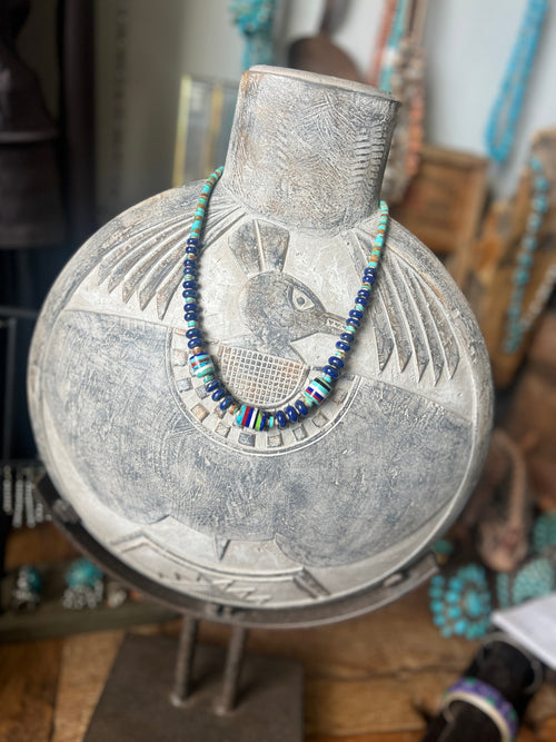 Ronald Chavez Handcrafted Multistone Beaded Santo Domingo Necklace with Lapis Rondelles