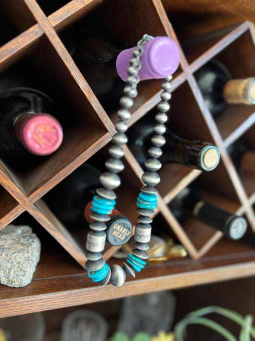 Handcrafted Sterling Silver and Kingman Turquoise Handmade Beaded Necklace by Rose Martin, 18 Inches