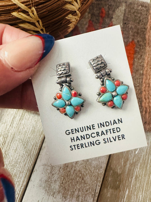 Old Pawn Navajo Sterling Silver, Turquoise & Coral Flower Dangle Earrings