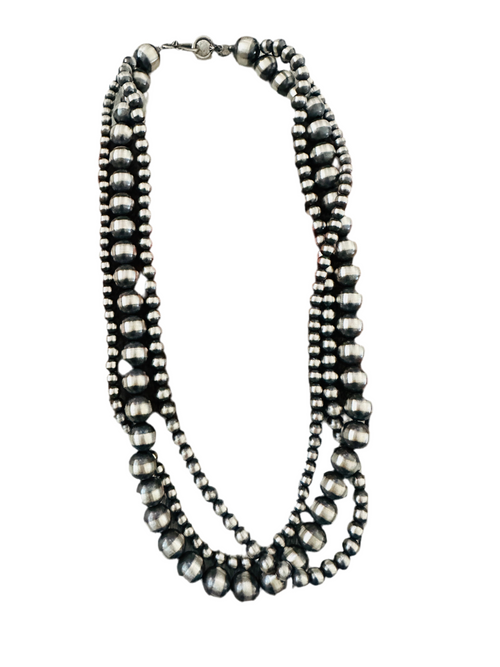 Navajo Sterling Silver Pearl Triple Strand 20” Beaded Necklace