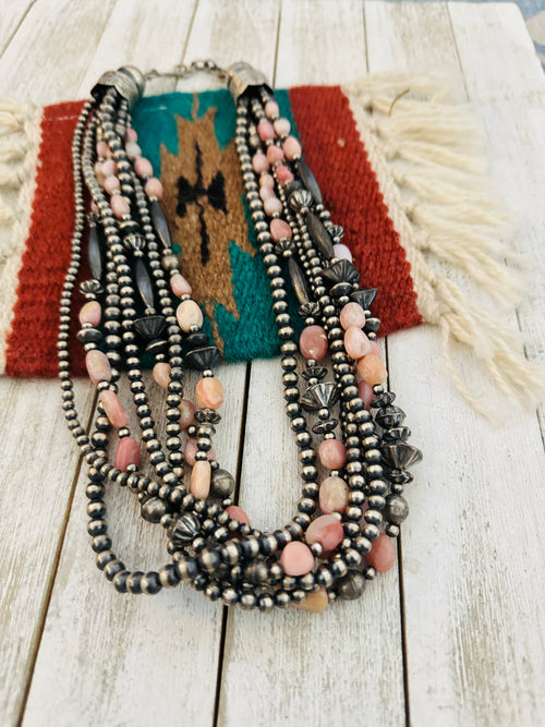 Navajo Sterling Silver Pearl & Rhodochrosite Beaded Seven Strand Necklace