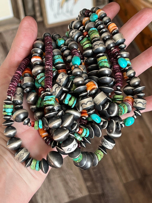 Navajo Made Electric Rainbow Sterling Silver, Turquoise and Spiny Oyster Single Strand Beaded Necklace by Rose Martin, 22 + 2 Inches