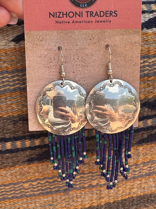 Old Pawn Sterling Silver Azurite Beaded Tassel Earrings