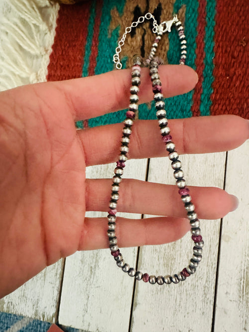 Handcrafted Sterling Silver Pearl & Purple Spiny Beaded 16” Necklace