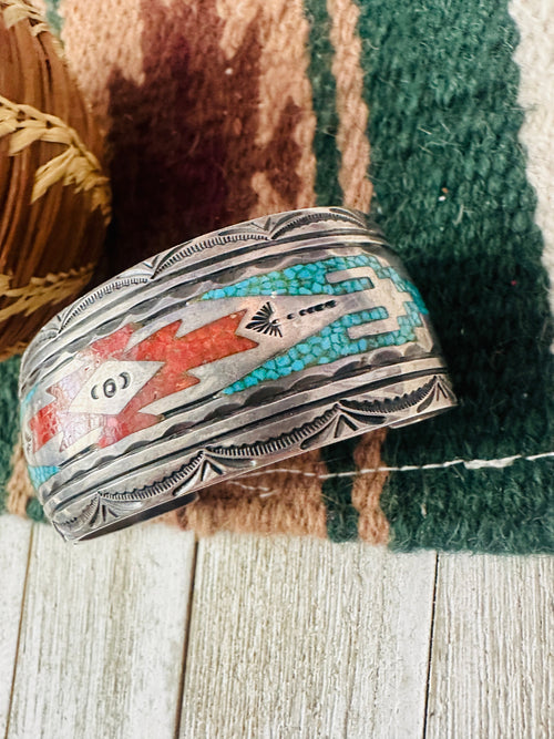 Handcrafted Old Pawn Coral, Turquoise & Sterling Silver Chip Inlay Cuff Bracelet
