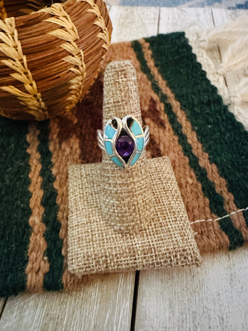 Old Pawn Handcrafted Turquoise, Amethyst & Sterling Silver Ring Size 7