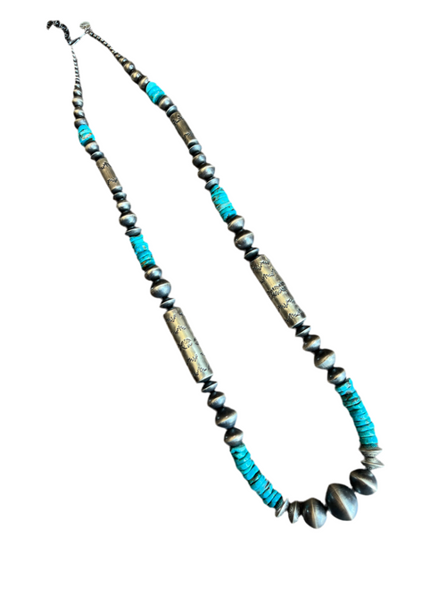 Navajo Sterling Silver and Kingman Turquoise Handmade Beaded Necklace by Rose Martin, 34 Inches