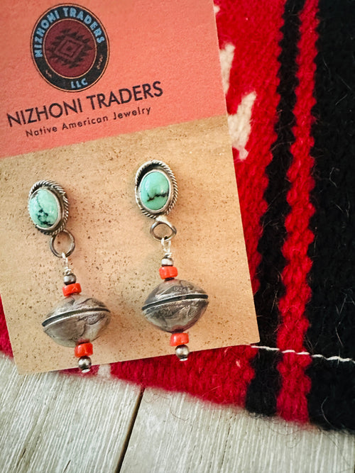 Handcrafted Turquoise, Coral & Sterling Silver Beaded Dangle Earrings