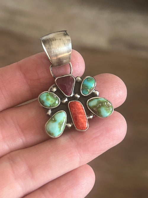 Handcrafted Electric Rainbow Turquoise and Spiny Oyster Mini Butterfly Pendant by Angela Martin