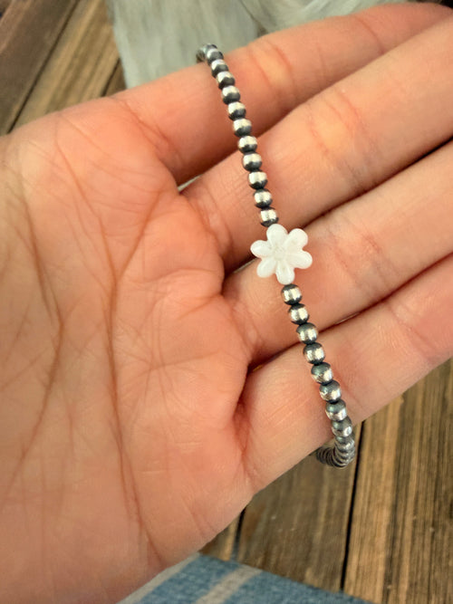 Handcrafted Shell and Sterling Silver Pearl Flower Beaded Necklace
