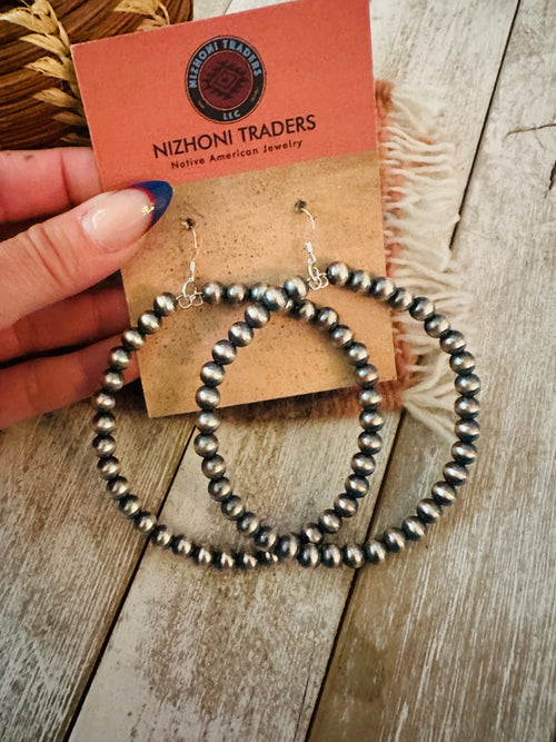 Navajo Sterling Silver Pearl Beaded Dangle Hoop Earrings