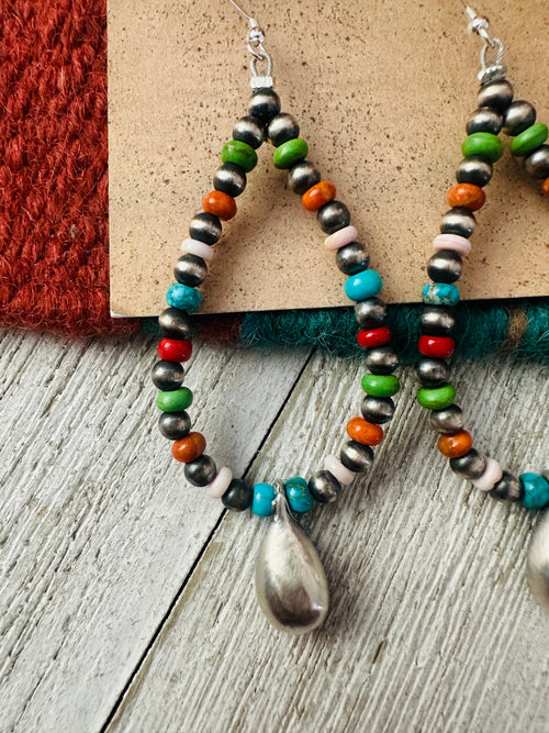 Navajo Multi Stone & Sterling Silver Pearl Beaded Hoop Earrings