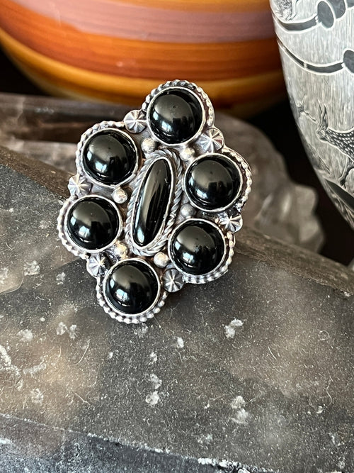Handcrafted Sterling Silver and Black Onyx Cluster Ring by Rosella Paxson, Size 9