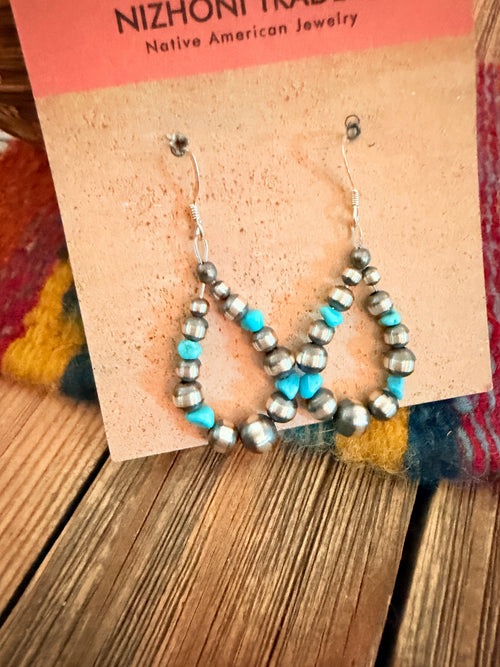 Handcrafted Turquoise & Sterling Silver Pearl Beaded Dangle Hoop Earrings