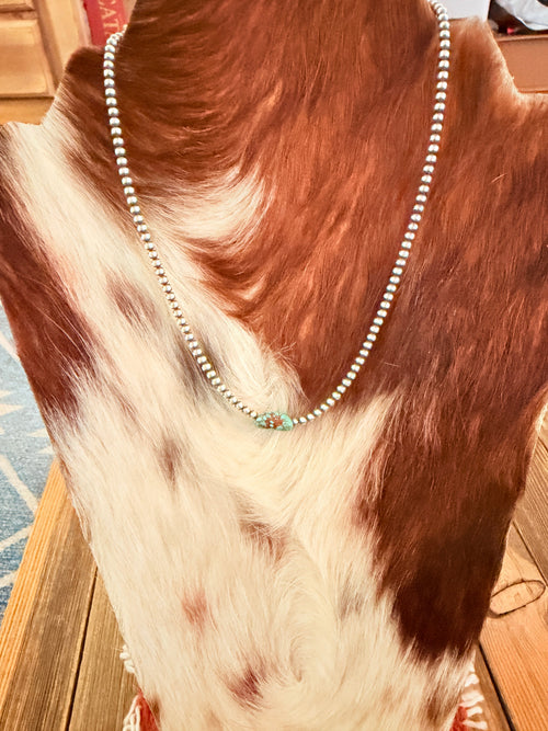 Handcrafted Turquoise & 3mm Sterling Silver Pearl Beaded Necklace