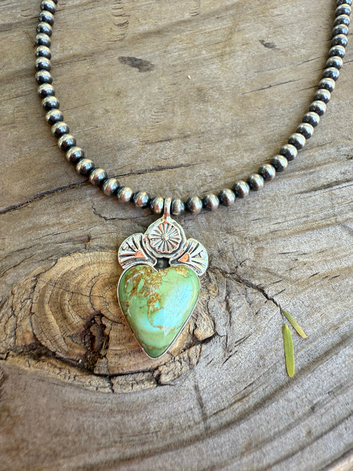 Handmade Sterling Silver Sonoran Mountain Turquoise Beaded Heart Necklace