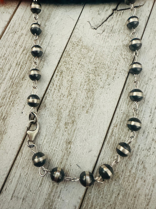 Navajo Sterling Silver Beaded Rosary Style Necklace 8mm 30”
