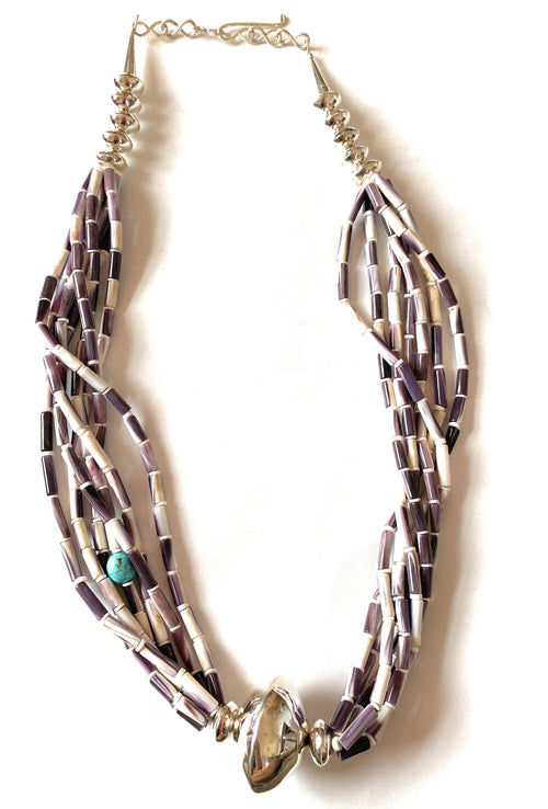 Navajo Sterling Silver, Wampum (Quahog Shell) & Turquoise Beaded Necklace
