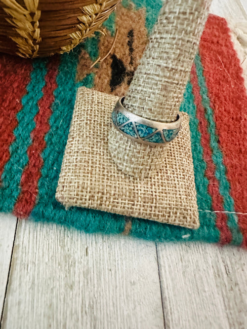 Old Pawn Navajo Sterling Silver & Turquoise Chip Inlay Band Ring