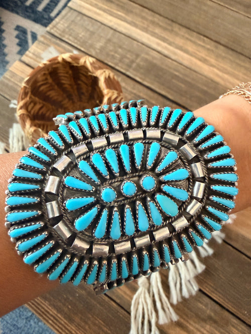 Handcrafted Old Pawn Sterling Silver & Turquoise Cluster Cuff Bracelet