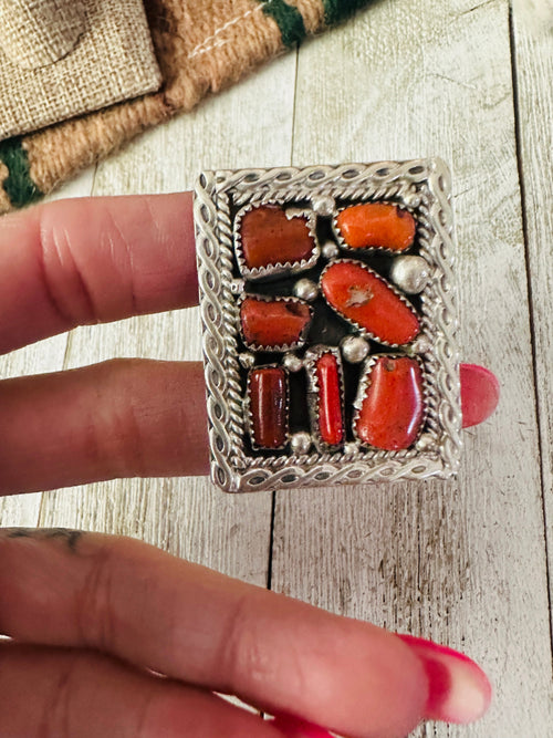Handcrafted Old Pawn Coral and Sterling Silver Ring Size 11