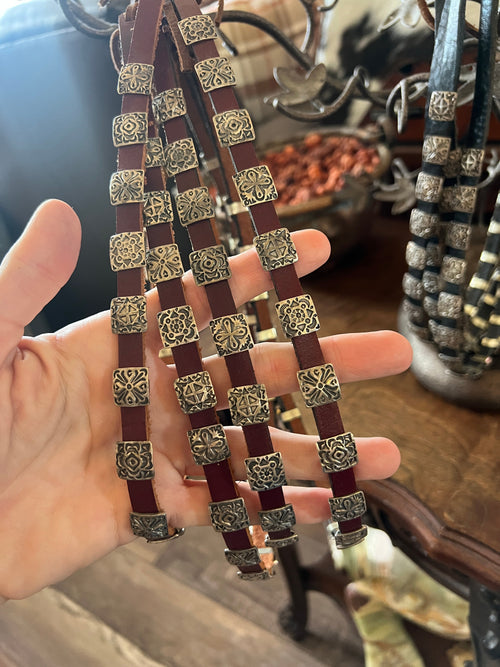 Leather and Sterling Silver Concho Slide Hat Band, Mahogany Leather