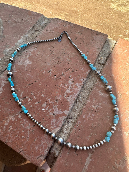 Kingman Turquoise & Sterling Silver 3mm-8mm Beaded Necklace