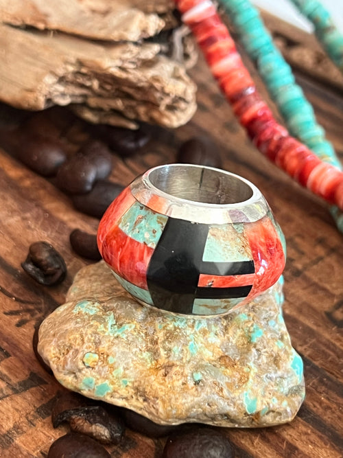 Daniel Coriz Triple Strand Spiny Oyster and Turquoise Beaded Necklace w/ Removable Sterling Silver & Stone Inlay Bead