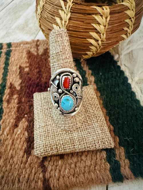 Handcrafted Old Pawn Turquoise, Coral and Sterling Silver Ring Size 9.5