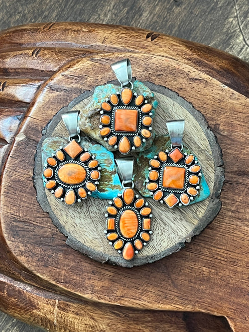 Handcrafted Sterling Silver and Burnt Spiny Oyster Shell Cluster Pendants by Loretta Delgarito