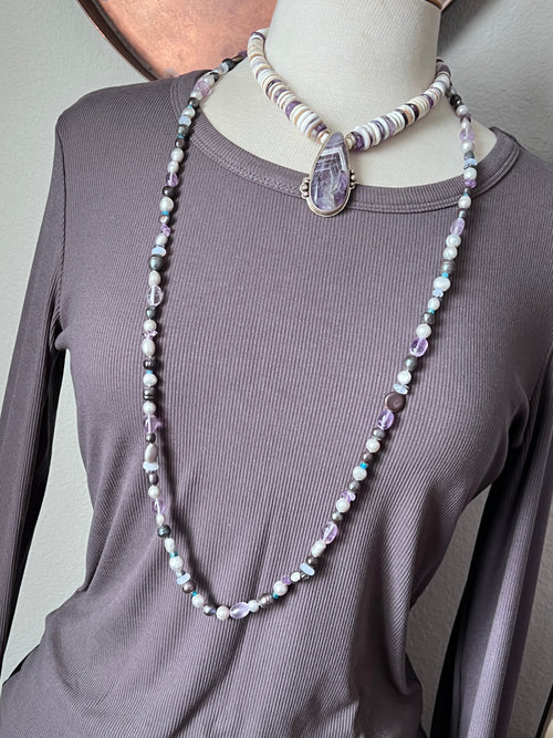 Tularosa Handcrafted Quahog Shell, Amethyst and Sterling Silver Beaded Necklace