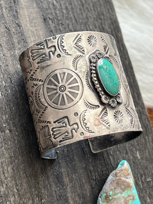 Handcrafted Vintage Fred Harvey Era Symbolic Collage TurquoiseSterling Silver Cuff Bracelet