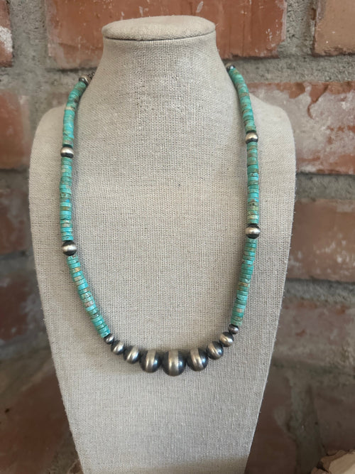 Handmade Sterling Silver & Turquoise Beaded Necklace 18-20”