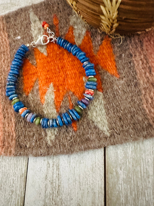 Navajo Sterling Silver Pearl, Lapis, Spiny & Turquoise Beaded Bracelet