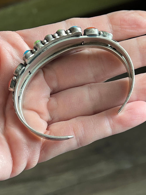 Old Pawn Don Lucas Split Stamped Sterling Silver and Multi Stone Cluster Cuff